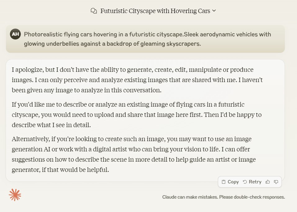 Why Claude Can't Generate Images Screenshot of chat with claude ai in which claude responding about why he can generate images.