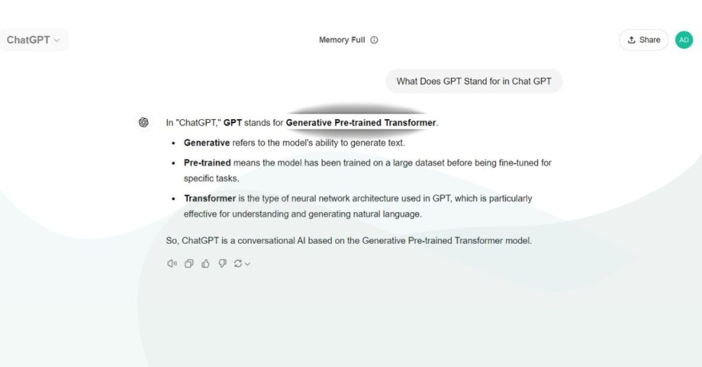 Screentshop from chatgpt with by questioning What Does GPT Stand for in Chat GPT


