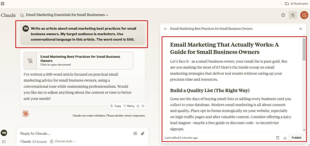 email marketing tips result from Claude ai