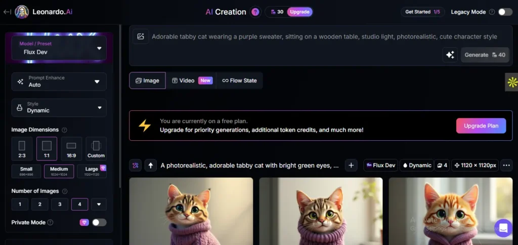 Screenshot-style UI of an AI art generator showing a tabby cat in a purple sweater prompt, with multiple image results, modern UI, glowing highlights