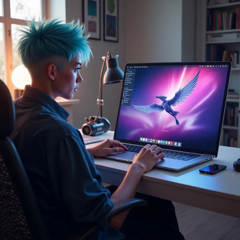Futuristic digital artist using Leonardo AI on a computer with vibrant fantasy art on screen, studio lighting, modern workspace